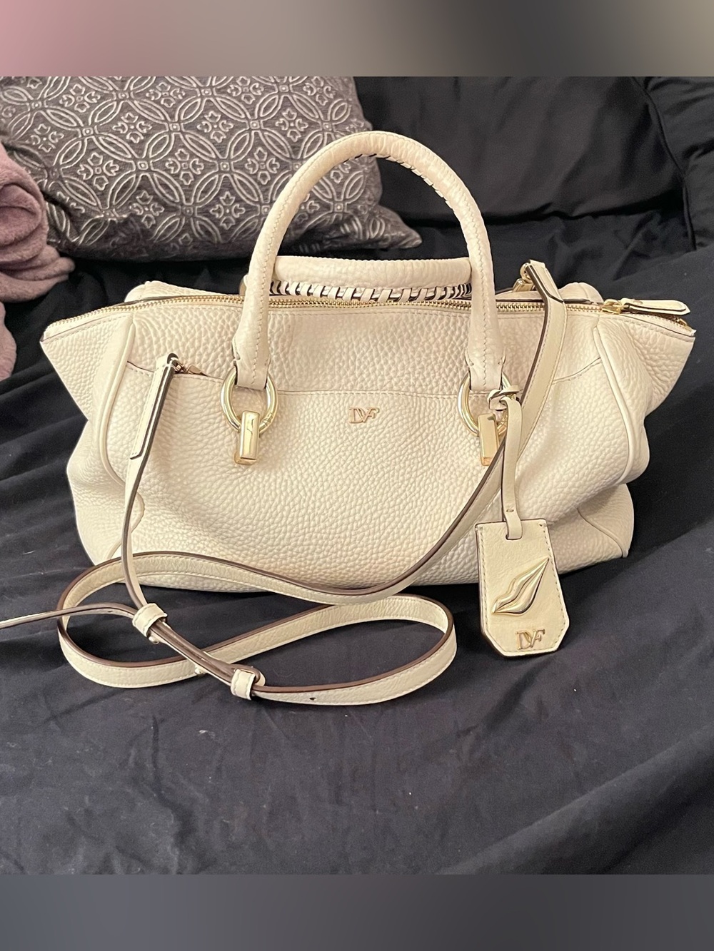Diane Von Furstenberg Pebbled Leather Sutra Duffle Satchel Handbag In Parchment